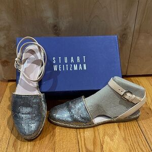 Stuart Weitzman Metallic Silver and Tan Espadrilles